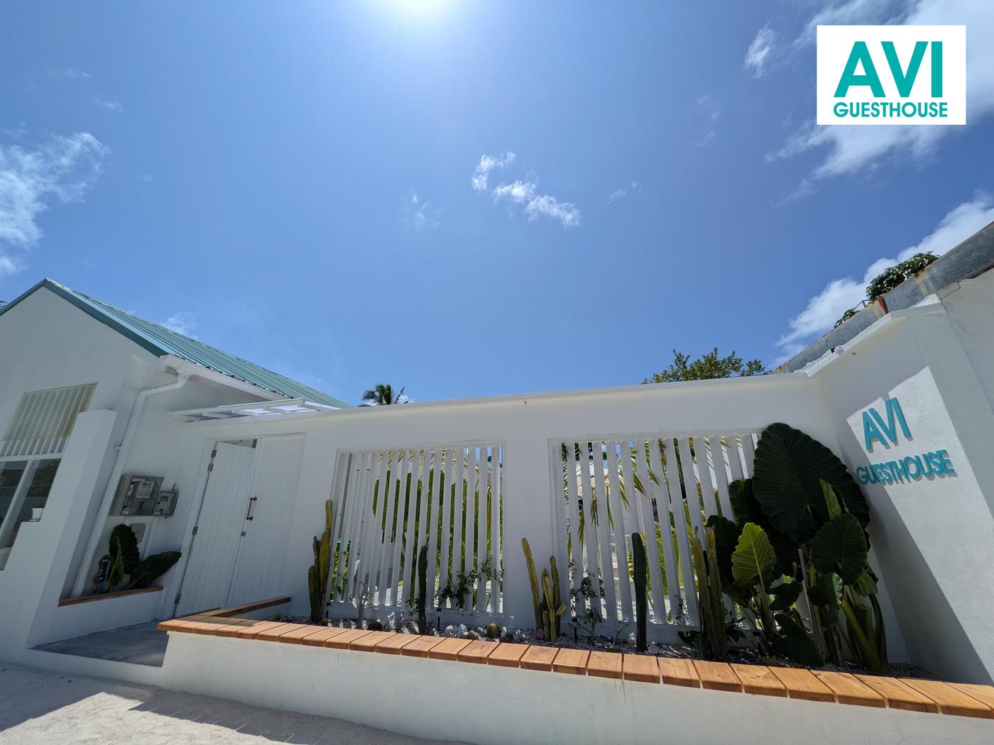 Avi Guesthouse entrance: white walls, cactus garden and timber bench under a blue sky